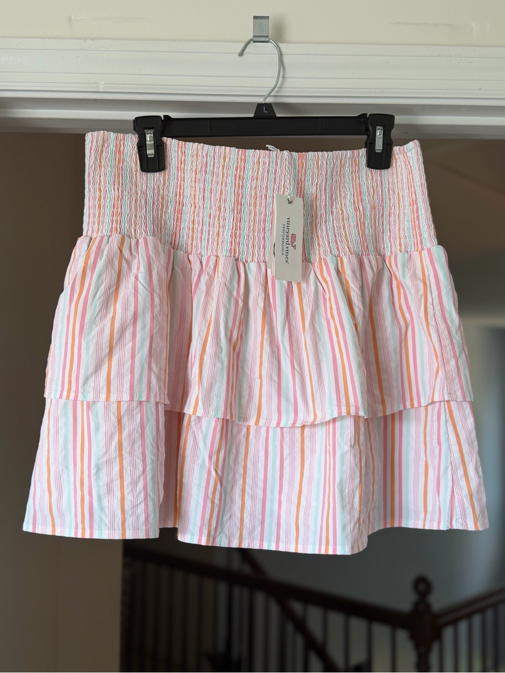 Vineyard Vines Harbor Smocked Skirt Neon Rosa Stripe NWT. Size L